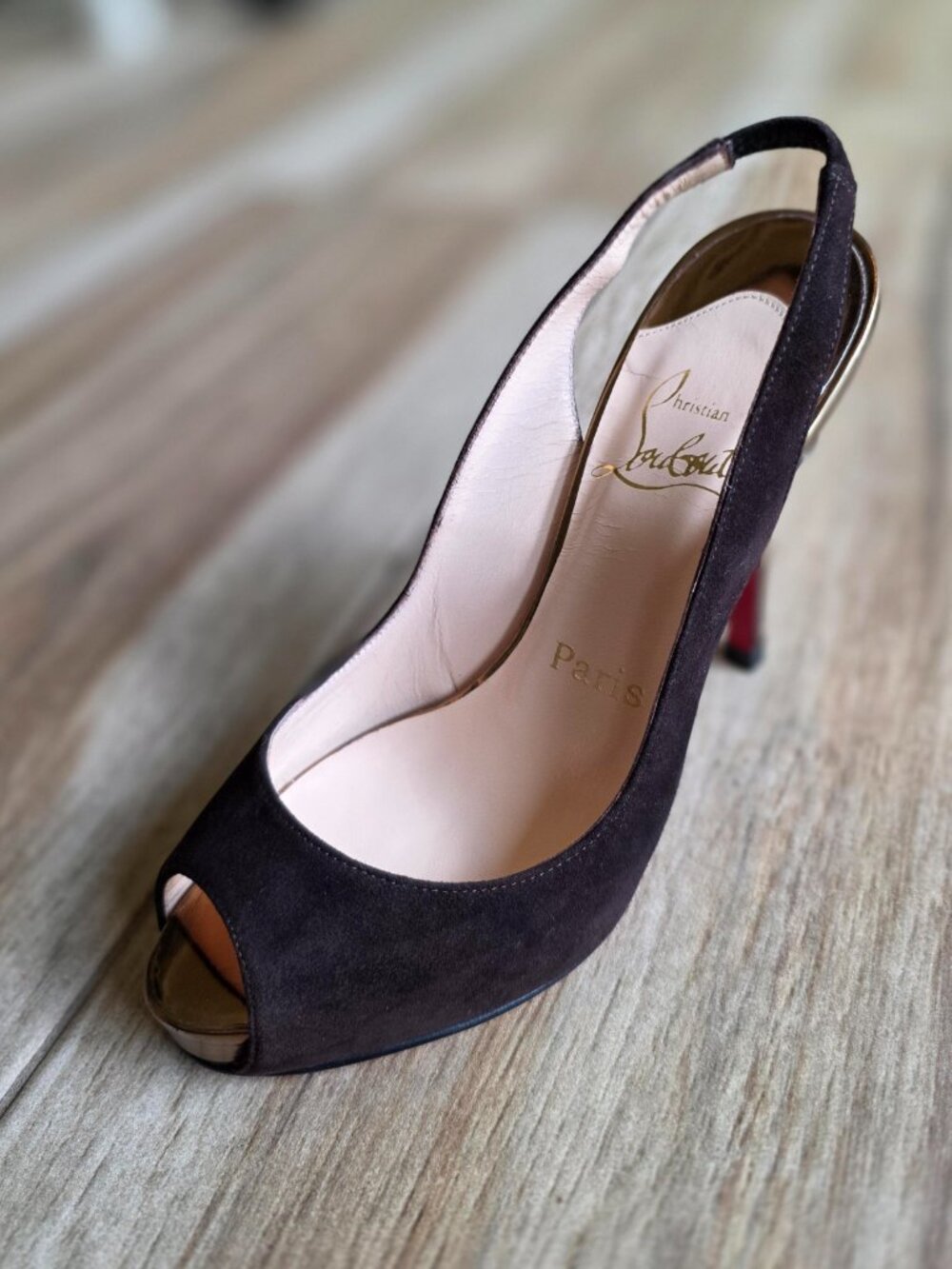 Christian Louboutin Very Prive  Brown Suede Gold Slingback Heels Eur. 35.5